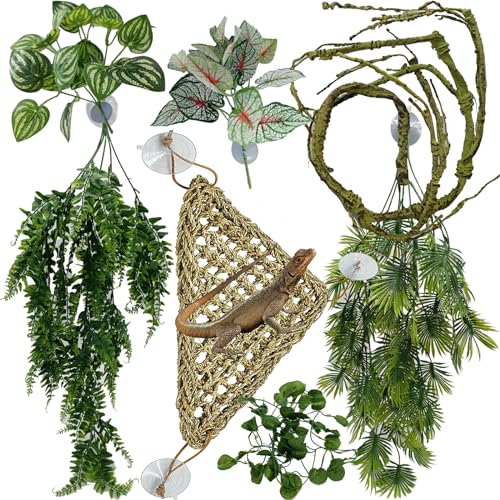 Reptile Plants for Bearded Dragon Tank Accessories, Terrarium Plant Artificial Decor for Snake Cage, Fake Plant for Leopard Gecko Habitat, Lizard Chameleon Ball Pythons (Group EN) - color: Group En