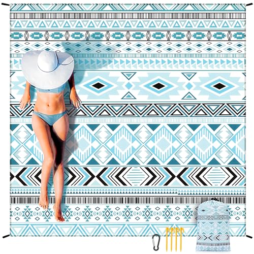 WIWIGO Beach Blanket Mat Waterproof Sandproof for 2-8 Adults Quick Drying | Extra Large, For 2-8 Adults,Windproof, Outdoor Picnic Mat, Beach Accessories Must Have,Gifts, for Travel, Camping, Hiking - color: Bohemian Style Green and Black, size: 79" X 83"（