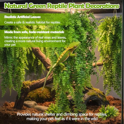 PINVNBY 9PCS Wooden Bridge Hideout and Reptile Plants Vines Climbing Terrarium Habitat Decor Hut Bearded Dragon Tank Accessories for Lizard Crested Gecko Tortoise Snake Hermit Crab