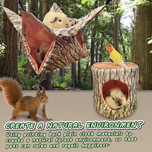 EAEDMY Guinea Pig, Rat & Ferret Tree Hole Bed and Hammock Tunnel, Parrot Bird Hideout and Soft Bed - color: 1.Tree hole bed and hammock