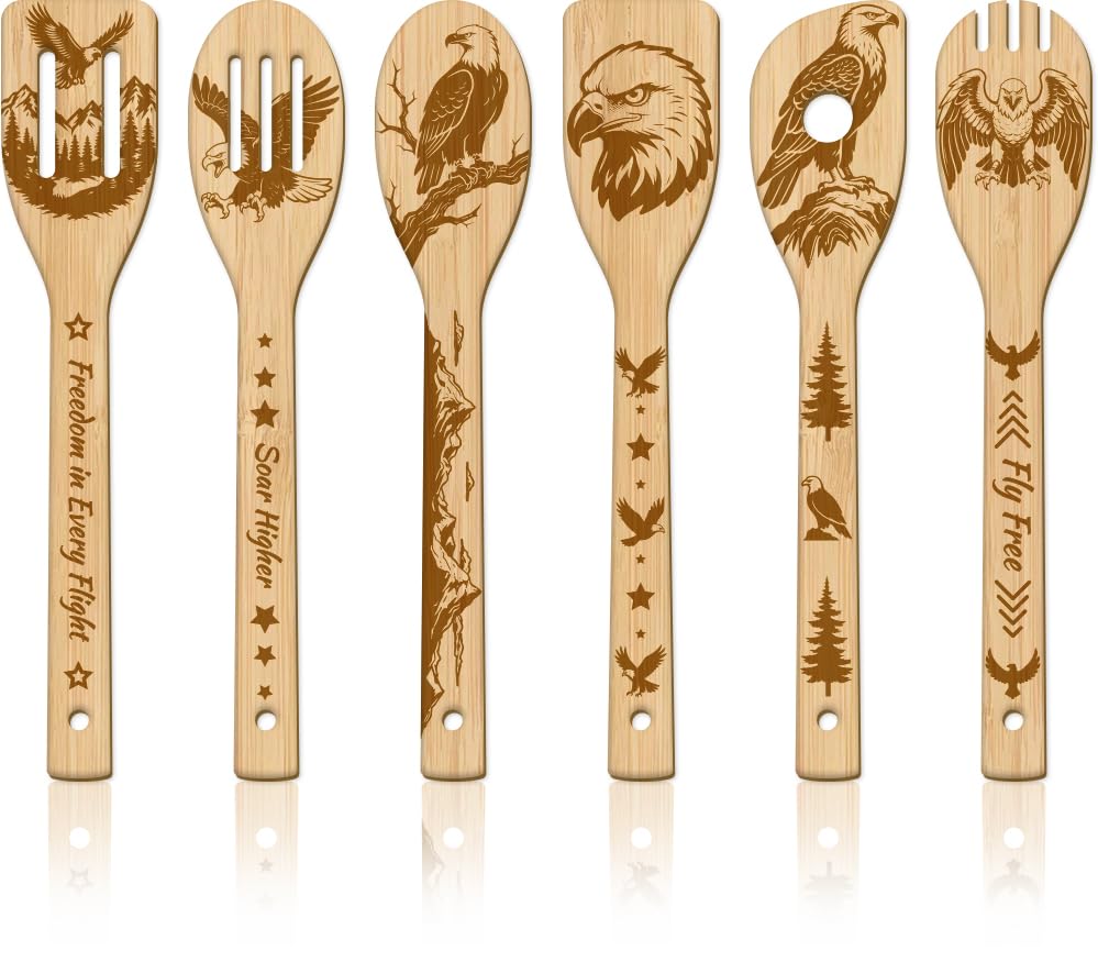 GLOBLELAND 6 Pcs Eagle Wooden Spoons Utensil Set Mountain Eagle Bamboo Carving Kitchen Cooking Utensils Wooden Engraved Cooking Spatula Sets for Kitchen Fun House Warming Gift - color: Eagle