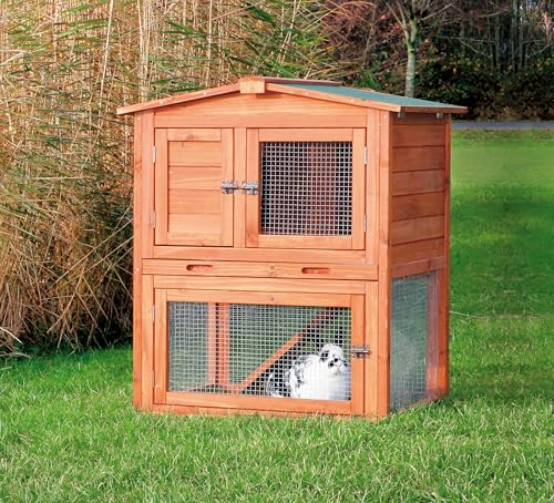 TRIXIE natura Outdoor Rabbit Hutch with Run - Small 2-Story Rabbit Cage with Non-Slip Ramp - Elevated Small Animal House with Secure Playpen, Hinged Roof & Pull-Out Tray - in Natural - style: Single Rabbit Hutch with Run
