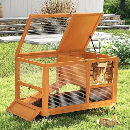 COZIWOW Wooden 36Inches Rabbit Hutch Indoor with Wheels Bunny Cage Outdoor Rabbit Cage with Clean Tray, Openable Roof, Anti-Slip Ramp for Small Bunny (Orange with Pattern) - color: Orange with Pattern