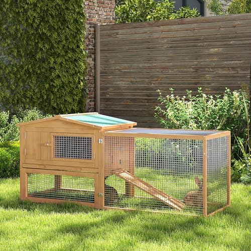 PawHut Rabbit Hutch 2-Story Bunny Cage, Guinea Pig Cage, Small Animal House with Slide Out Tray, for Indoor Outdoor, 61.5" x 23" x 27", Natural | Bunny Cage, Guinea Pig Cage, Small Animal House, Slide Out Tray, for Rabbits Chickens Ducks - color: Orange