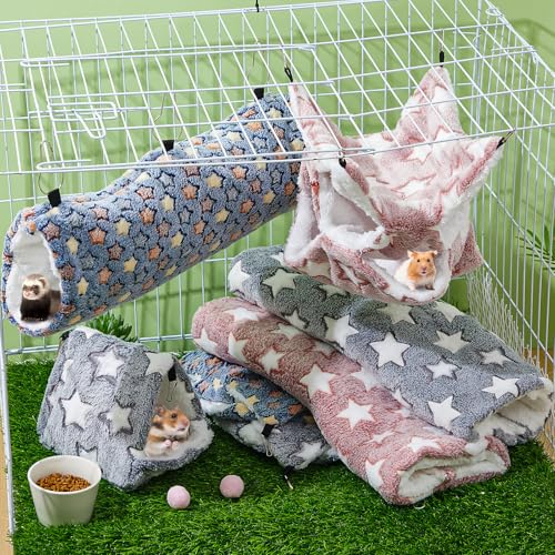 Abbylike 9 Pieces Rat Hammock 3 Tier Guinea Pig Ferret Hammocks Small Pet Hanging Tunnel Glider Toy Guinea Pig Ferret Hideout Bed Cage Accessories for Hamster(Navy,Grey,Pink,Star) - color: Navy,Grey,Pink,
