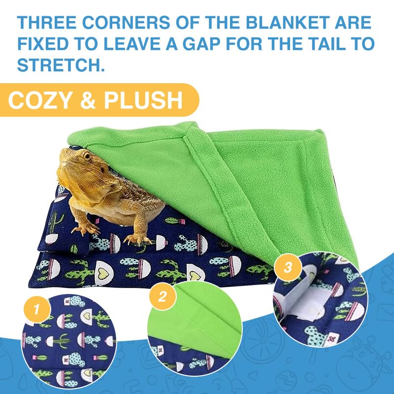 Bearded Dragon Hammock Sleeping Bag Set- Hanging Pet Bed with Pillow and Blanket Hideout Habitat with Soft Warm for Bearded Dragon Lizard Leopard Gecko and Small Pet Animal（Blue + Green Quilt） - color: Blue + Green Quilt