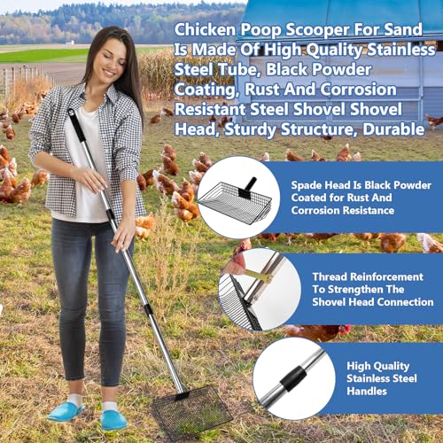 10inch Large Metal Chicken Poop Scooper, Chicken Poop Scooper for Sand with Adjustable Stainless Steel Handle, Chicken Coop Scooper for Sand Suitable for Chicken Coops, Rabbit Coops, Stables, Gardens - size: 2.3"L x 10.0"W x 64.0"H