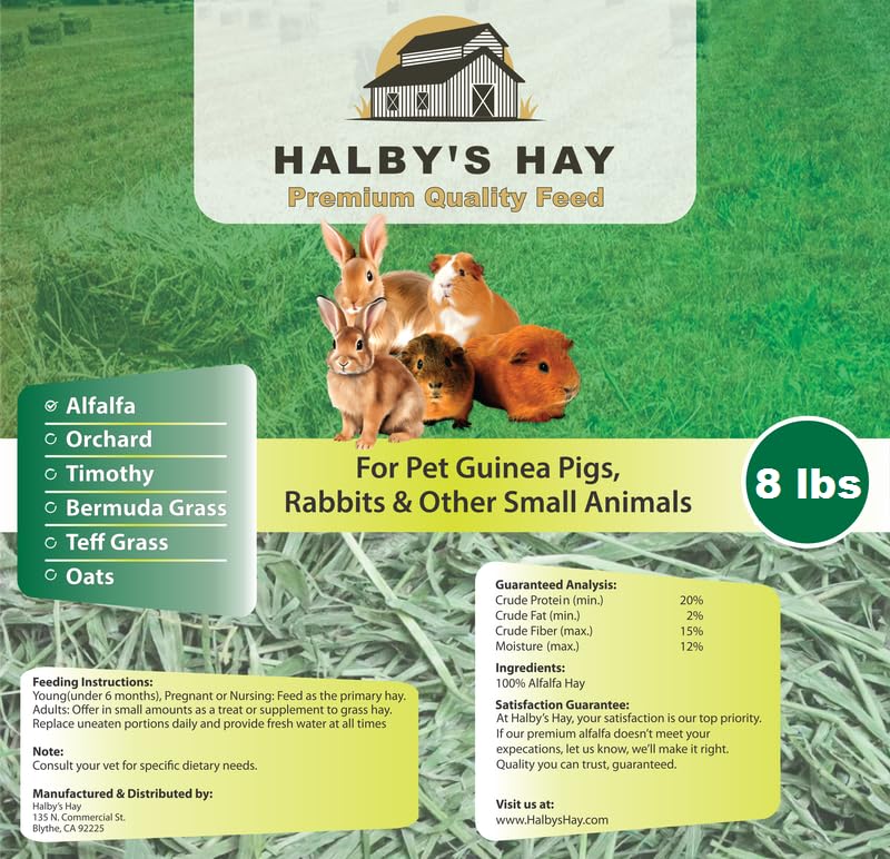 Halby's Hay Premium Alfalfa Hay – 8 lb Bag – Soft Leafy Sun-Cured Hand-Packed Feed for Rabbits, Guinea Pigs, Chinchillas, Tortoises & Small Pets – High Protein, Family-Farmed, California Grown
