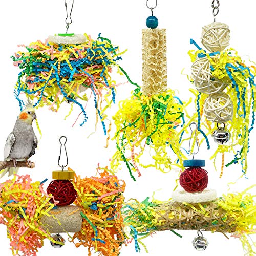 EBaokuup Bird Parrots Shredding Toys Parakeet Chewing Toys Bird Loofah Toys Parrot Cage Shredder Toys Bird Foraging Hanging Toys Bird Accessories for Parrots Lovebird Cockatiel Conure African Grey - color: 5 PCS