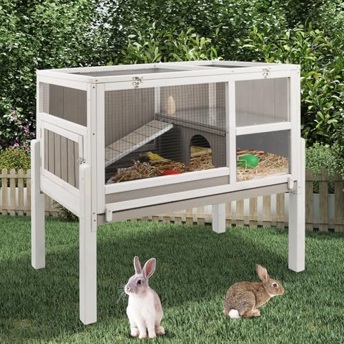 Large Wooden Guinea Pig Cage with 4 Detachable Stand Legs | Comfortable Large Living Cage, Easy Clean, Easy Assembly, Hideout, Anti-chew Ramp with Steel, Leak-proof Pull Out Tray
