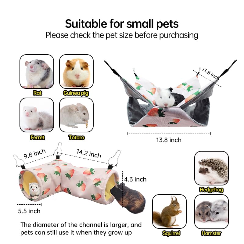 Large Caliber Guinea Pig & Rat Tunnel Hideout & Hammock, Corner Hideout Toy for Guinea Pig, Ferret, Hedgehog & Piggy to Hide and Shuttle (2. Hammock&Tunnel-Strawberry) - color: 2. Hammock&Tunnel-strawberry