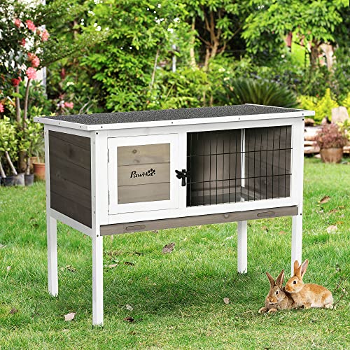 PawHut Elevated Wooden Rabbit Hutch Indoor/Outdoor for Guinea Pig Brown | Bunny Cage, Hinged Asphalt Roof, Removable Tray - color: Brown
