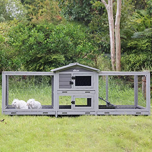 Aivituvin Rabbit Hutch 93.7" Large Rabbit Cage Indoor Outdoor Guinea Pig Cage Chicken Coop on Wheels Bunny Cage with 4 Deep No Leakage Pull Out Tray,Waterproof Roof - color: Light Grey