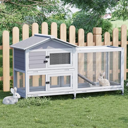 Garvee Wooden Rabbit Hutch, Bunny Cage with Wheels, Rabbit Cage with Chew-Proof Ramp and Pull Out Tray, Small Rabbir House for Guinea Pigs, Rabbit, Indoor Outdoor Use