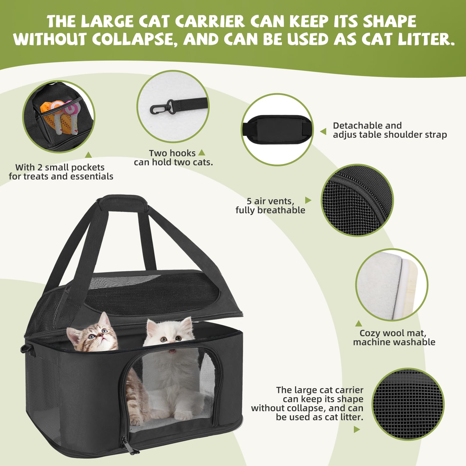 Soft Cat Carrier Up to 20 Lbs, Washable Pet Travel Bag for Kitten Puppy | Breathable Mesh, Medium to Big Pets Small Dog,Soft-sided Cloth Animal Crate for Car Travel Carrying, Safe for Vet Visit,Black - color: Black