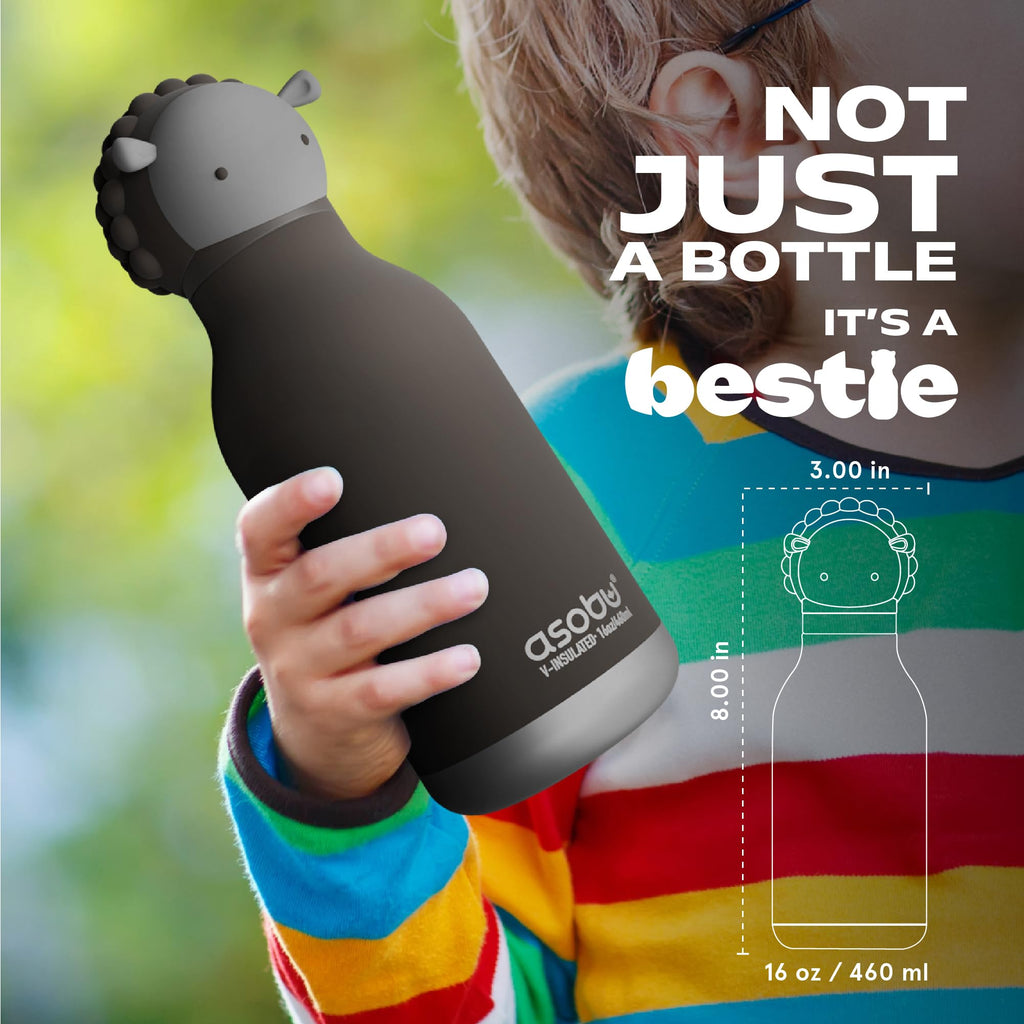 asobu Bestie Water Bottle, Cute Collectible Character, Leak Proof, BPA Free | 16 oz, Stays Cold 24 Hours, Double Wall Vacuum Insulation, Food Grade Stainless Steel, Spill Resistant, Great Gift Idea - color: Black Sheep