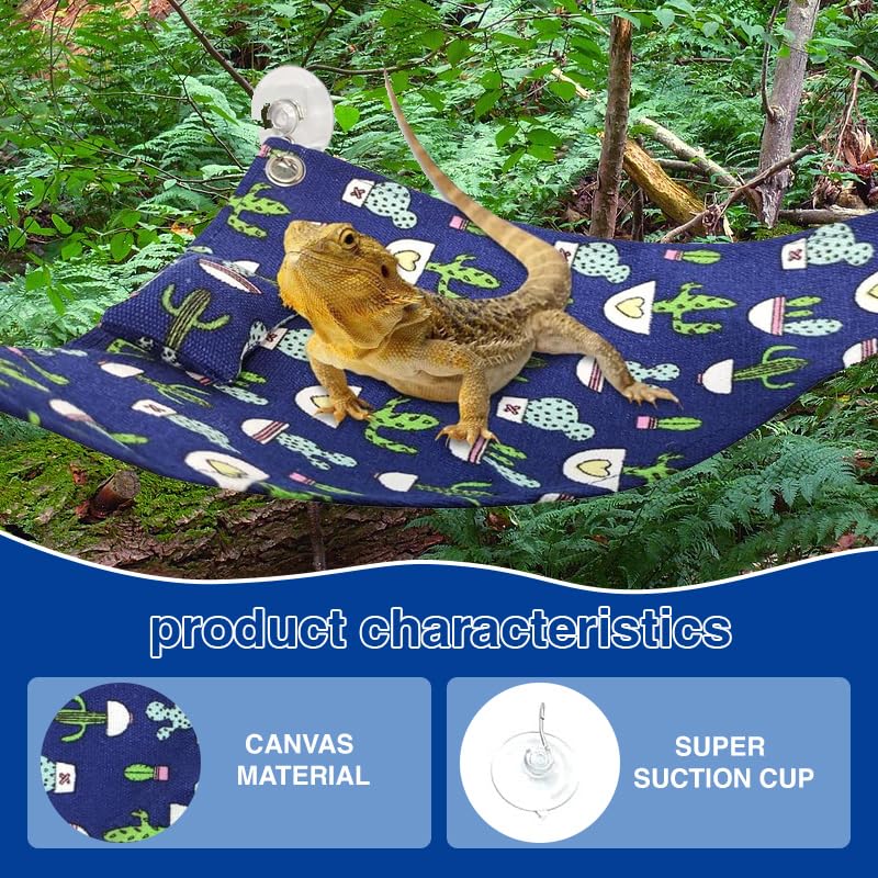 Bearded Dragon Hammock Swing Hanging Reptile Bed Lounger with Pillow Hooks & Suction for Large Small Bearded Dragons Geckos Lizards Snakes (Blue) - color: Blue