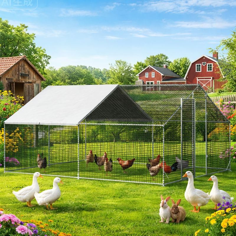 Large Walk-in Chicken Coop with Chicken Run, Galvanized Poultry Enclosure with Waterproof Anti-UV Cover and Security Lock, Ideal for Rabbit, Duck, Backyard and Farm Yard，13.1'x 9.8'x 6.6' - size: 157.7"L x 117.6"W x 78.7"H