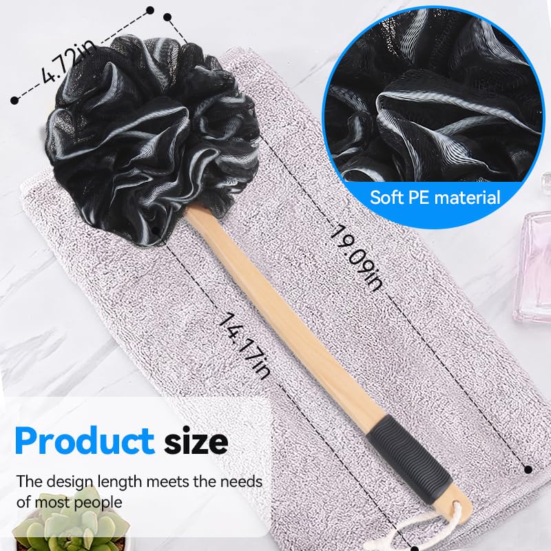 FORENEE Black Loofah on a Stick, PE Mesh Back Scrubber, Long Wood Handle | Soft PE mesh creates rich lather for gentle cleansing; coated long wood handle, non-slip rubber grip and hanging loop - style: Black（Long Handle）