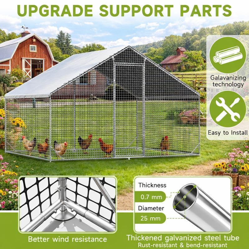 Large Walk-in Chicken Coop with Chicken Run, Galvanized Poultry Enclosure with Waterproof Anti-UV Cover and Security Lock, Ideal for Rabbit, Duck, Backyard and Farm Yard，9.8'x 6.6'x 6.6' - size: 117.6"L x 78.7"W x 78.7"H