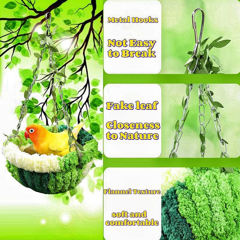 Hanging Bird Hammock for Cage Warm Plush Hanging Bird Bed Bird Snuggle Hut Parrot Hanging Sleeping Bird House for Parakeet, Conure, Budgie, Cockatiel, Lovebird, Finch, Hamster-Green - color: Green