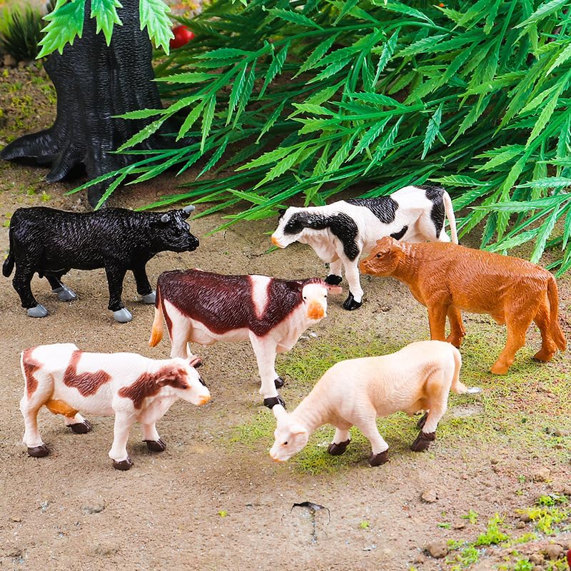 6PCS Mini Cow Figurines, Realistic Plastic Farm Animal Figures | Hard Plastic Cattle Figurines for Kids, Educational Play, Cake Toppers, Farm Displays and Party Decorations