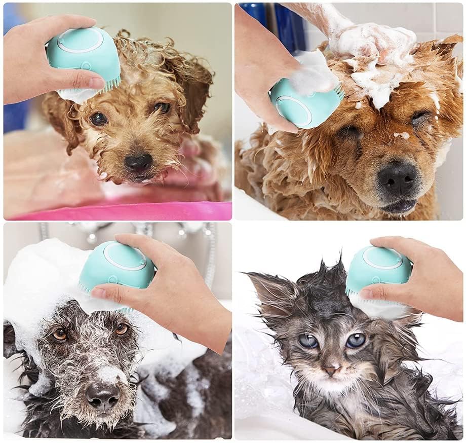 Pet Bath Massage Brush Puppy Dog Cat Grooming Soft soap Dispensing(Pink)