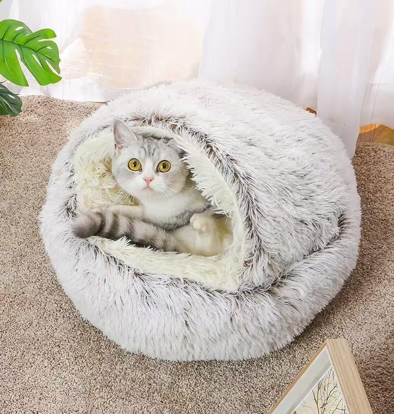 Cat Bed Round Fluffy Hooded Cat Bed Cave, Anti-Anxiety Cave Bed with Hooded Blanket, Cozy Cuddler Luxury Puppy Pet Bed, Anti-Slip Bottom and Machine Washable (Coffee, Medium) - color: Coffee, size: Medium