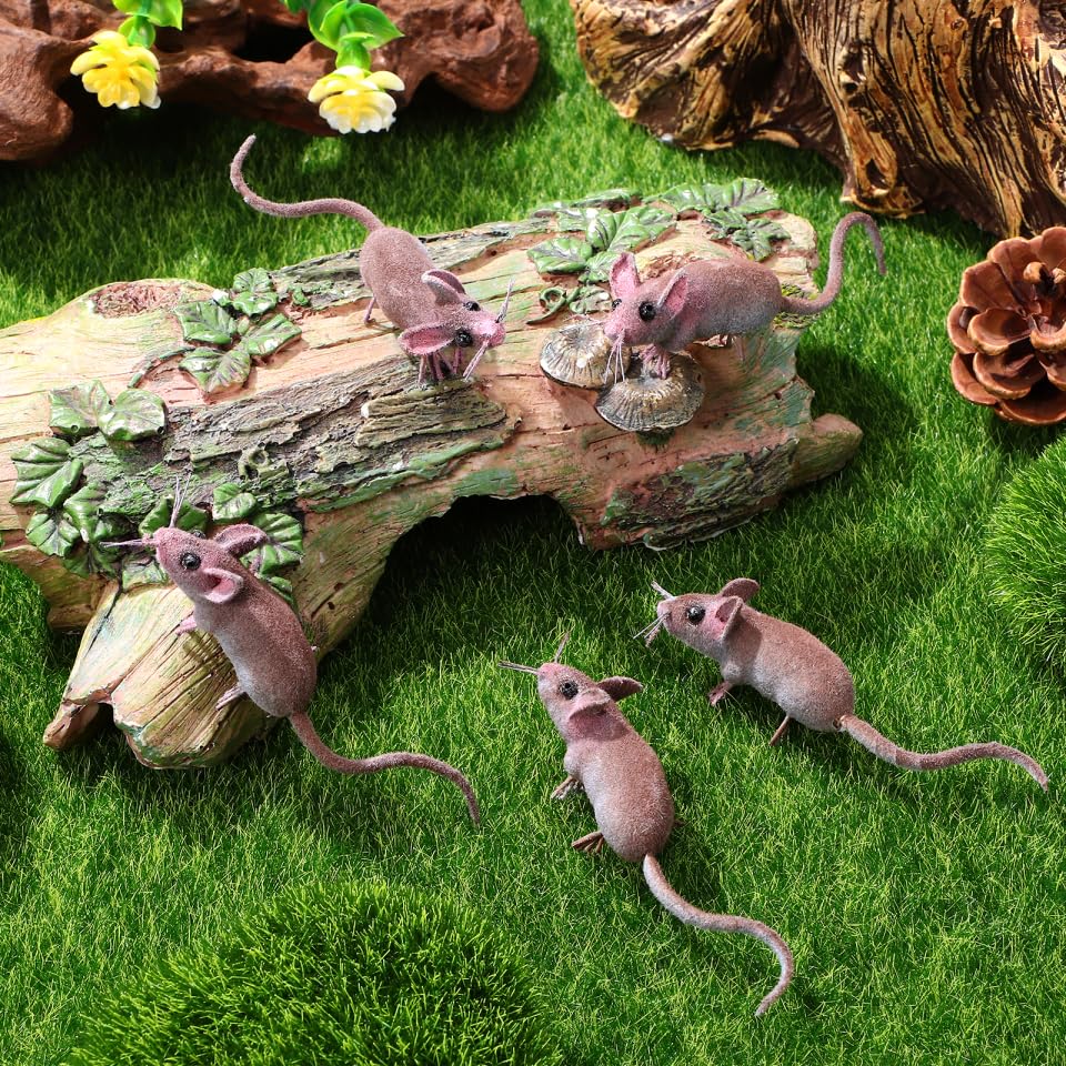 5Pcs Realistic Fake Rats, Mice Figurines Animal Mouse Prank Prop | Mini Flocked Plush Rats Toys for Indoor Halloween Ornaments, Practical Jokes, or Engaging Kitten Activities, Gag Gift Setups
